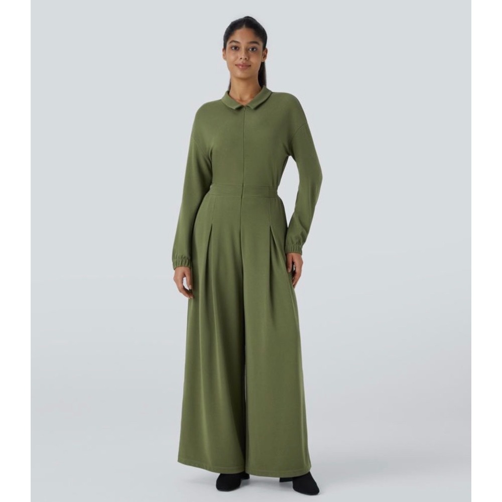 NWT Halara Women Collared Zip Front Wide Leg Jumpsuit S‎ Green Long Sleeve
